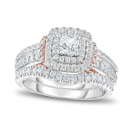 1.25 CT. T.W. Cushion-Cut Natural Diamond Double Frame Collar Multi-Row Bridal Engagement Ring Set in Solid 14K Two-Tone Gold