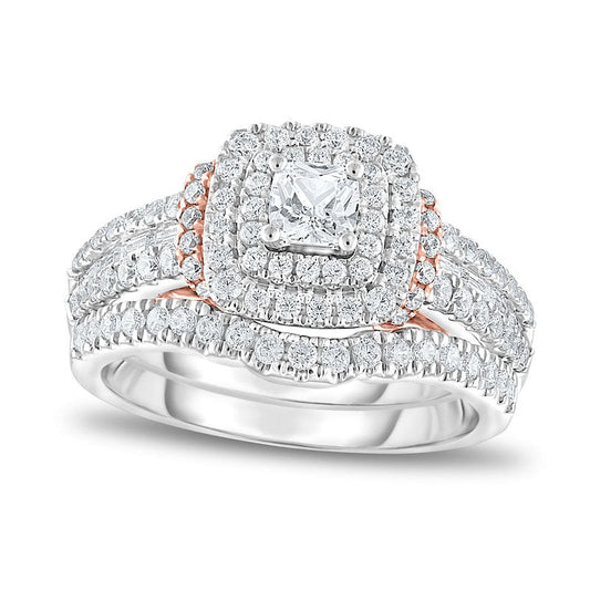 1.25 CT. T.W. Cushion-Cut Natural Diamond Double Frame Collar Multi-Row Bridal Engagement Ring Set in Solid 14K Two-Tone Gold