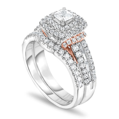 1.25 CT. T.W. Cushion-Cut Natural Diamond Double Frame Collar Multi-Row Bridal Engagement Ring Set in Solid 14K Two-Tone Gold