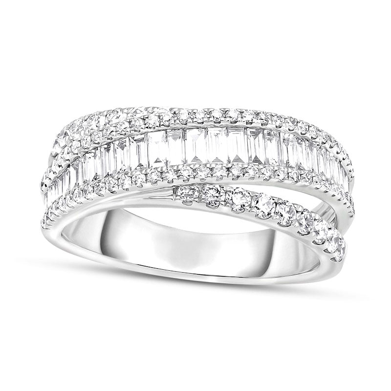1.20 CT. T.W. Baguette and Round Natural Diamond Multi-Row Band in Solid 14K White Gold