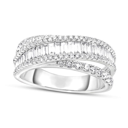 1.20 CT. T.W. Baguette and Round Natural Diamond Multi-Row Band in Solid 14K White Gold