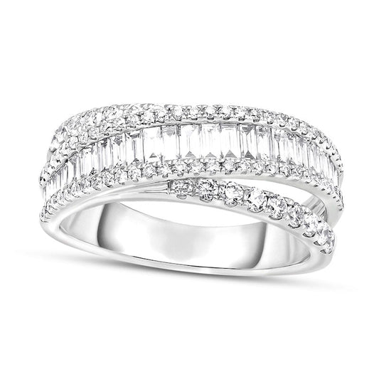 1.20 CT. T.W. Baguette and Round Natural Diamond Multi-Row Band in Solid 14K White Gold