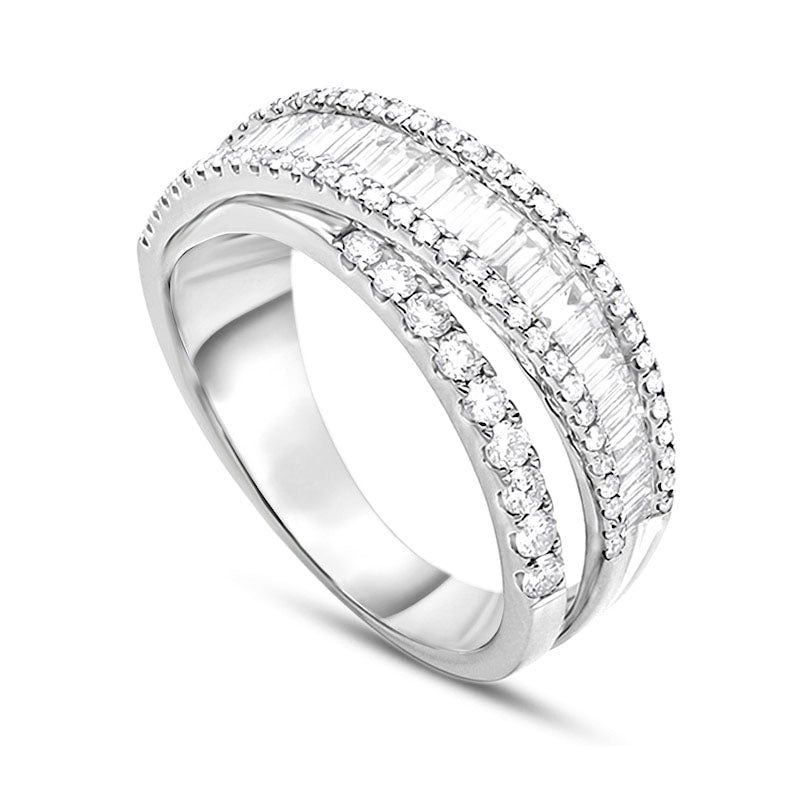 1.20 CT. T.W. Baguette and Round Natural Diamond Multi-Row Band in Solid 14K White Gold
