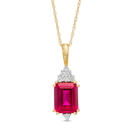 Emerald-Cut Lab-Created Ruby and 0.07 CT. T.W. Diamond Geometric Pendant in 10K Yellow Gold