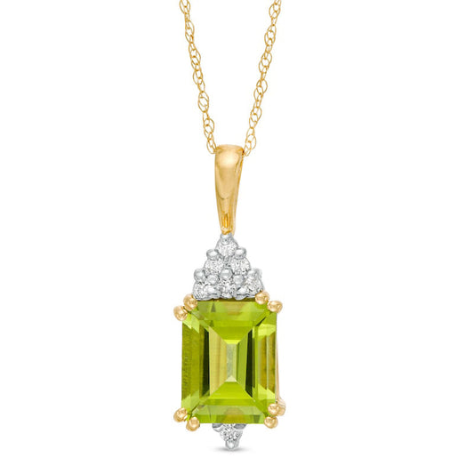 Emerald-Cut Peridot and 0.07 CT. T.W. Natural Diamond Geometric Pendant in 10K Yellow Gold