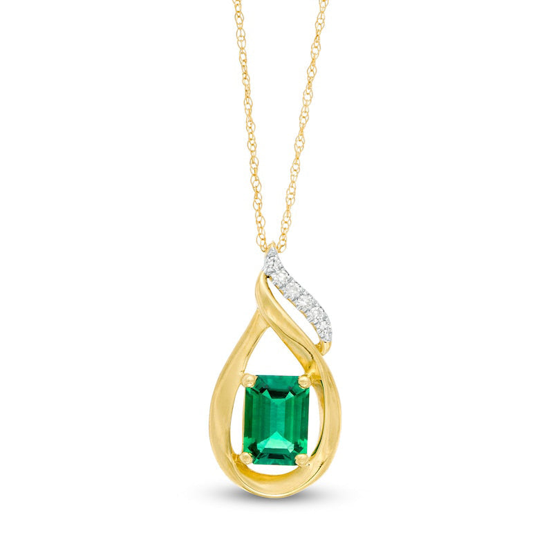 Emerald-Cut Lab-Created Emerald and Diamond Accent Flame Pendant in 10K Yellow Gold