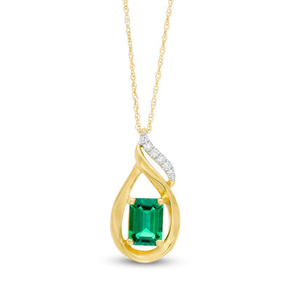 Emerald-Cut Lab-Created Emerald and Diamond Accent Flame Pendant in 10K Yellow Gold