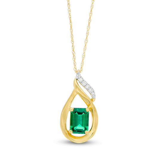 Emerald-Cut Lab-Created Emerald and Diamond Accent Flame Pendant in 10K Yellow Gold