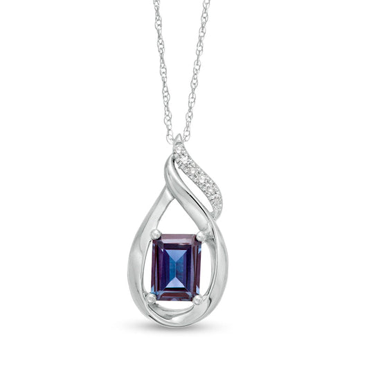 Emerald-Cut Lab-Created Alexandrite and Diamond Accent Flame Pendant in 10K White Gold