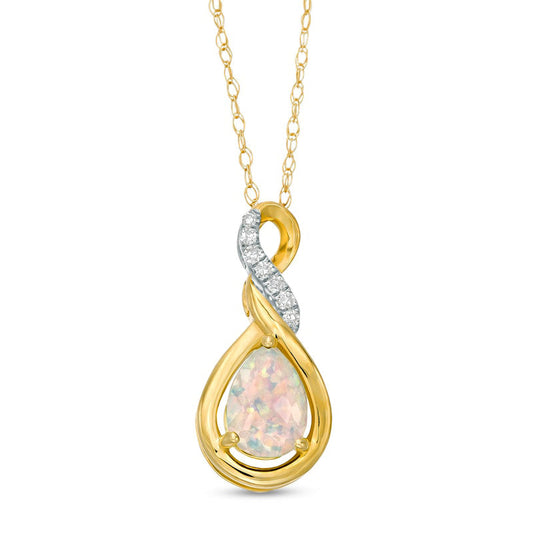Pear-Shaped Lab-Created Opal and Diamond Accent Cascading Teardrop Pendant in 10K Yellow Gold