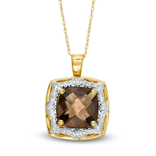 10.0mm Cushion-Cut Smoky Quartz and Natural Diamond Accent Sun Frame Pendant in 10K Yellow Gold