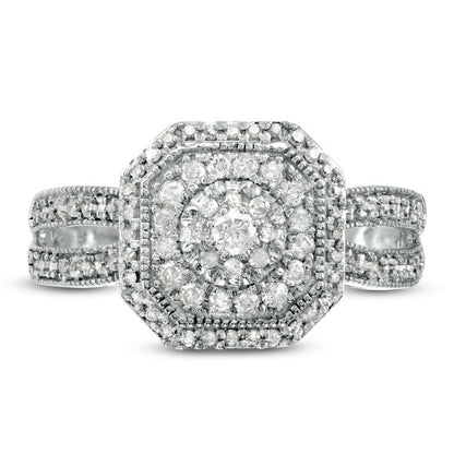 0.50 CT. T.W. Composite Natural Diamond Octagonal Frame Antique Vintage-Style Split Shank Engagement Ring in Solid 10K White Gold