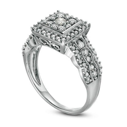 0.75 CT. T.W. Composite Natural Diamond Square Frame Scallop Shank Engagement Ring in Solid 10K White Gold