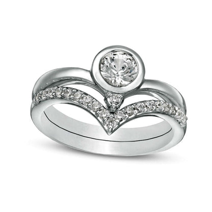 5.0mm Lab-Created White Sapphire and 0.25 CT. T.W. Diamond Chevron Bridal Engagement Ring Set in Sterling Silver