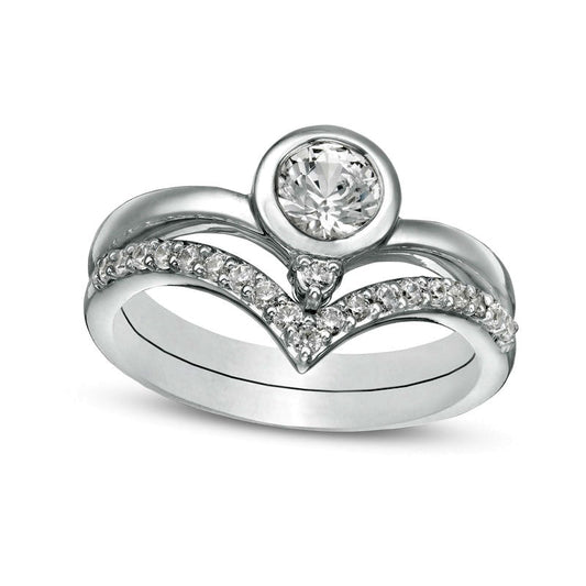 5.0mm Lab-Created White Sapphire and 0.25 CT. T.W. Diamond Chevron Bridal Engagement Ring Set in Sterling Silver