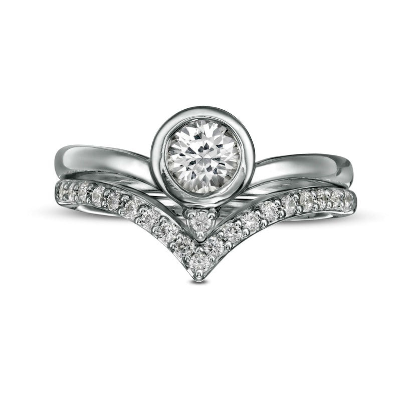 5.0mm Lab-Created White Sapphire and 0.25 CT. T.W. Diamond Chevron Bridal Engagement Ring Set in Sterling Silver