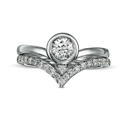 5.0mm Lab-Created White Sapphire and 0.25 CT. T.W. Diamond Chevron Bridal Engagement Ring Set in Sterling Silver