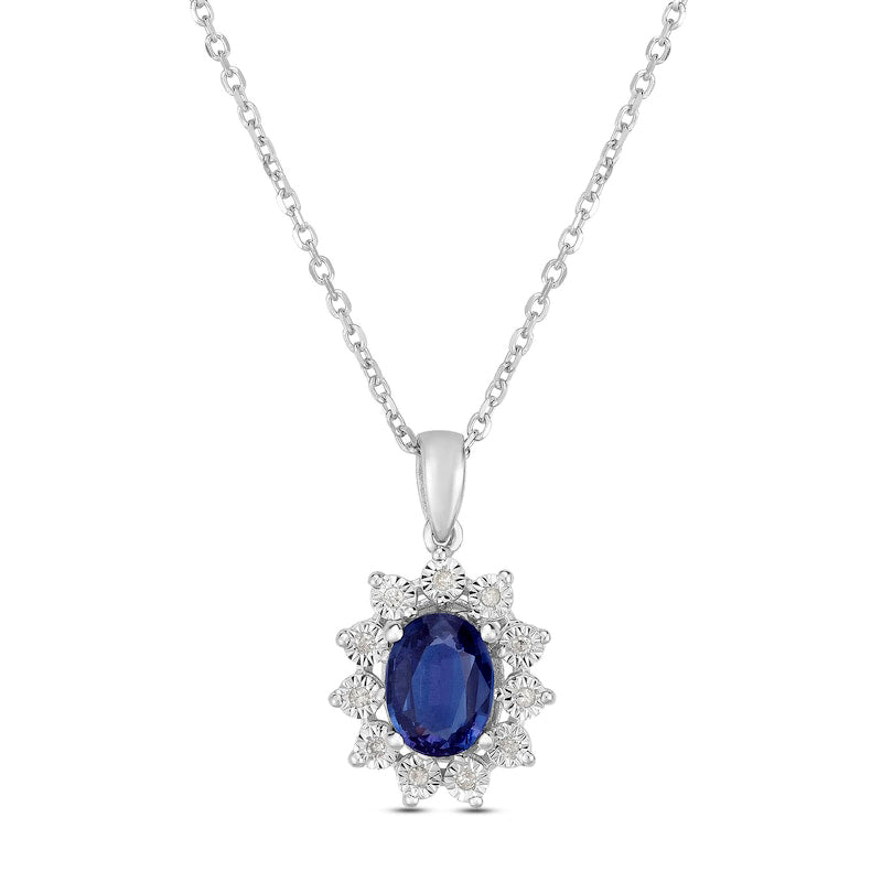 Oval Lab-Created Alexandrite and 0.05 CT. T.W. Diamond Sunburst Frame Pendant in Sterling Silver