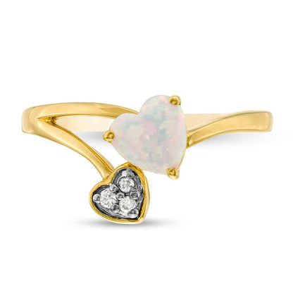 6.0mm Heart-Shaped Lab-Created Opal and Diamond Accent Bypass Split Shank Ring in Solid 10K Yellow Gold