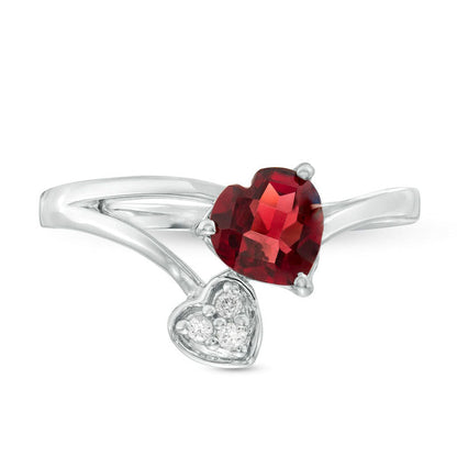 6.0mm Heart-Shaped Garnet and Natural Diamond Accent Bypass Split Shank Ring in Solid 10K White Gold