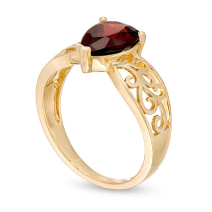 Pear-Shaped Garnet Wide Filigree Ring in Solid 10K Yellow Gold