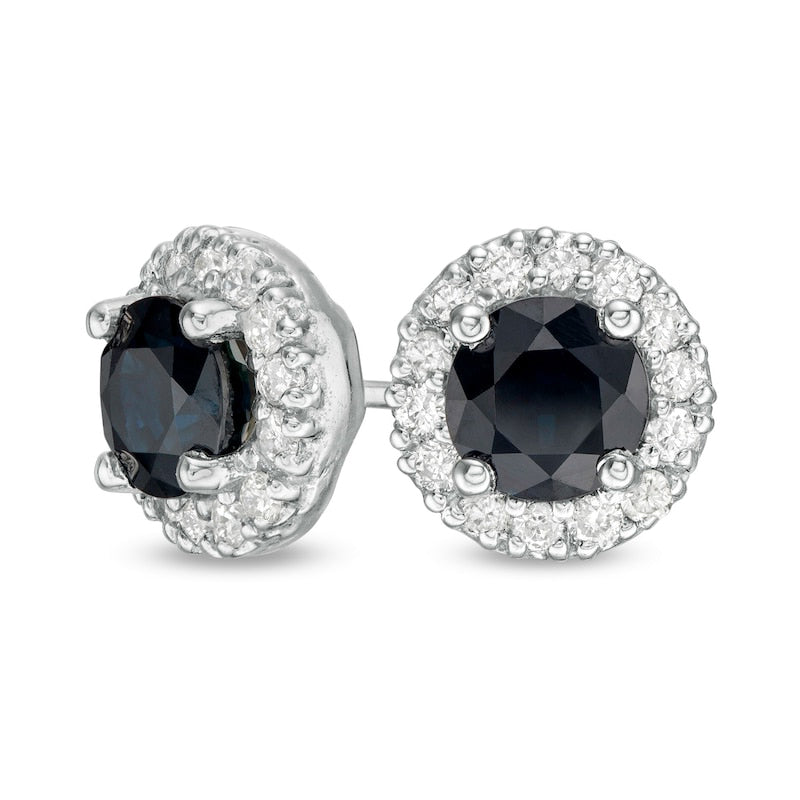 5.0mm Certified Blue Sapphire and 0.25 CT. T.W. Diamond Frame Stud Earrings in 14K White Gold