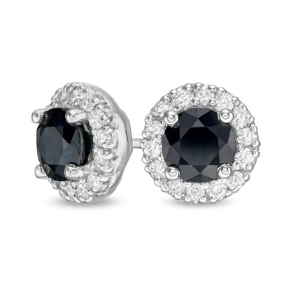 5.0mm Certified Blue Sapphire and 0.25 CT. T.W. Diamond Frame Stud Earrings in 14K White Gold