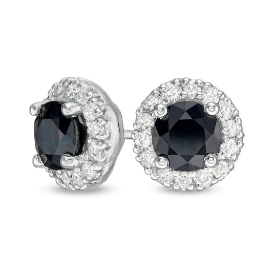 5.0mm Certified Blue Sapphire and 0.25 CT. T.W. Diamond Frame Stud Earrings in 14K White Gold