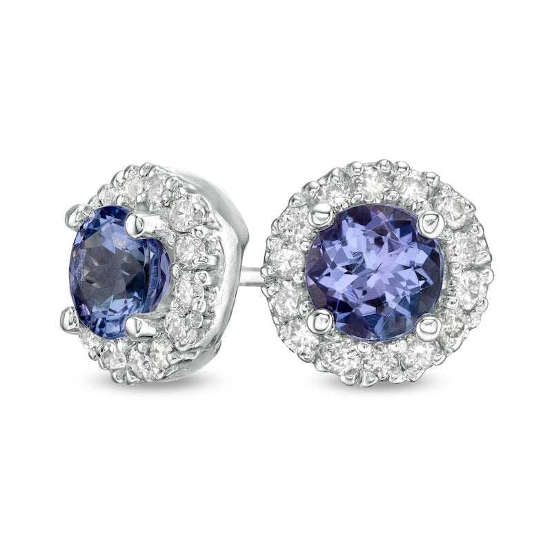 5.0mm Certified Tanzanite and 0.25 CT. T.W. Diamond Frame Stud Earrings in 14K White Gold