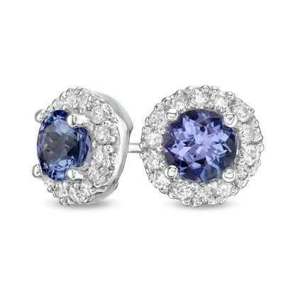 5.0mm Certified Tanzanite and 0.25 CT. T.W. Diamond Frame Stud Earrings in 14K White Gold