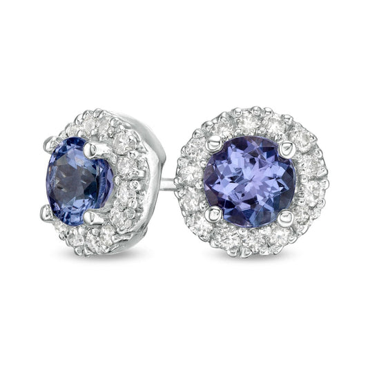 5.0mm Certified Tanzanite and 0.25 CT. T.W. Diamond Frame Stud Earrings in 14K White Gold