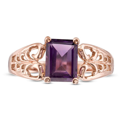 Emerald-Cut Amethyst Open Scroll Ring in Solid 10K Rose Gold