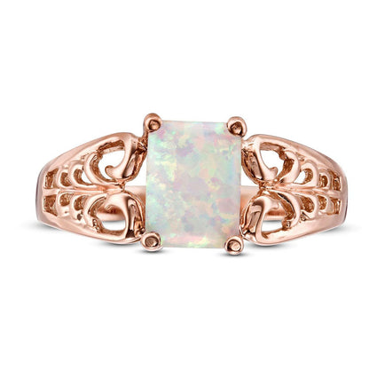 Emerald-Cut Lab-Created Opal Open Scroll Ring in Solid 10K Rose Gold