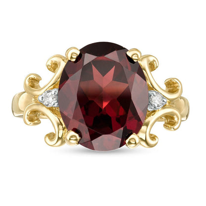 Oval Garnet and 0.05 CT. T.W. Natural Diamond Scroll Frame Ring in Solid 10K Yellow Gold