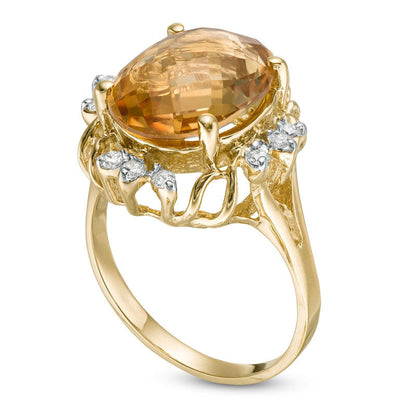 Oval Citrine and 0.20 CT. T.W. Natural Diamond Petal Frame Ring in Solid 10K Yellow Gold