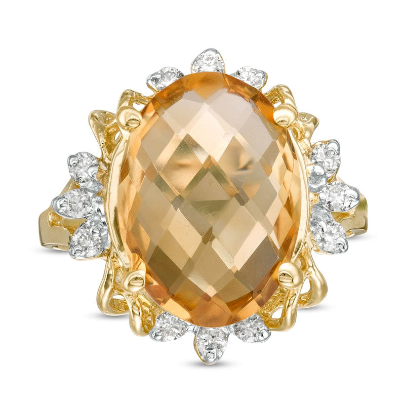 Oval Citrine and 0.20 CT. T.W. Natural Diamond Petal Frame Ring in Solid 10K Yellow Gold