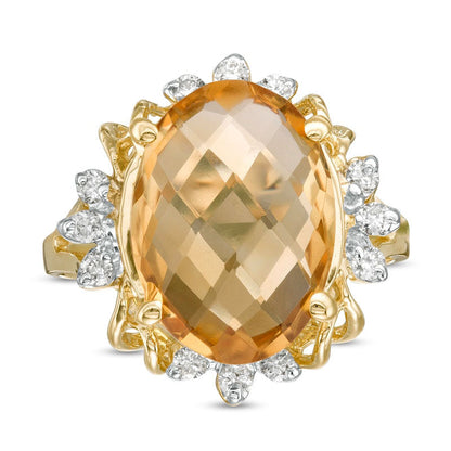 Oval Citrine and 0.20 CT. T.W. Natural Diamond Petal Frame Ring in Solid 10K Yellow Gold