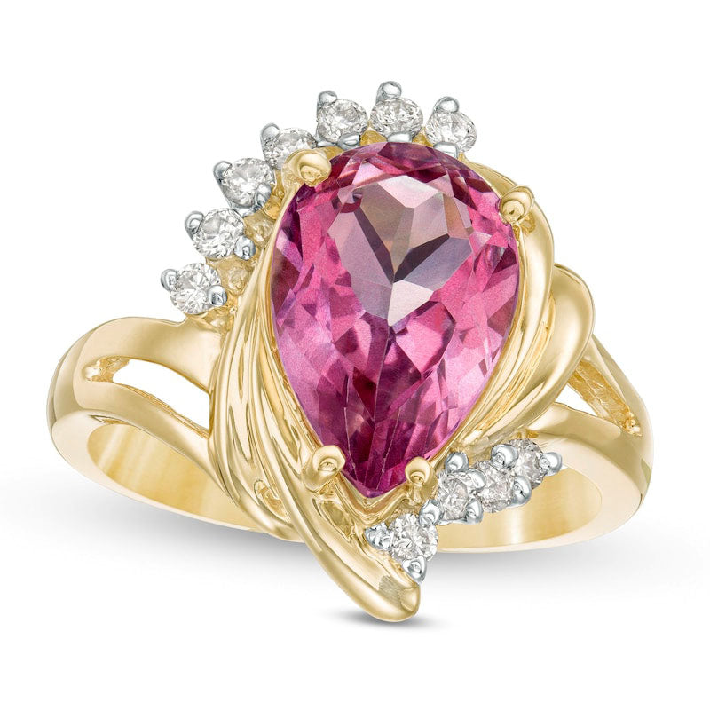 Pear-Shaped Pink Topaz and 0.20 CT. T.W. Natural Diamond Swirl Split Shank Ring in Solid 10K Yellow Gold