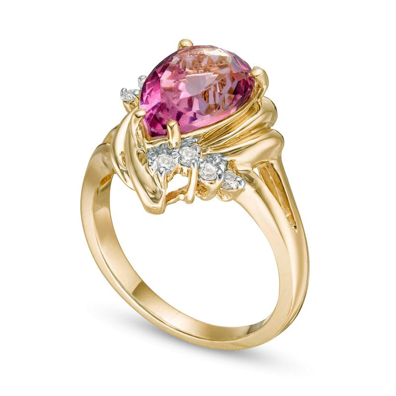 Pear-Shaped Pink Topaz and 0.20 CT. T.W. Natural Diamond Swirl Split Shank Ring in Solid 10K Yellow Gold