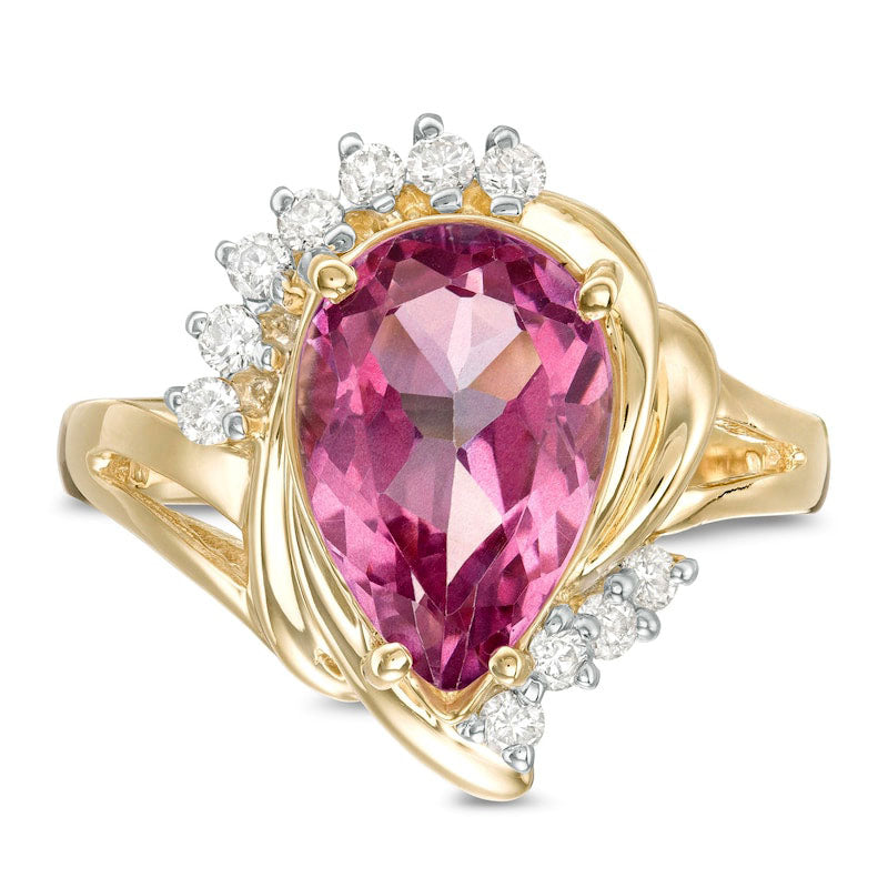 Pear-Shaped Pink Topaz and 0.20 CT. T.W. Natural Diamond Swirl Split Shank Ring in Solid 10K Yellow Gold