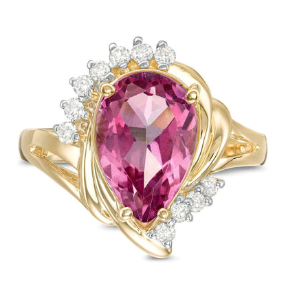 Pear-Shaped Pink Topaz and 0.20 CT. T.W. Natural Diamond Swirl Split Shank Ring in Solid 10K Yellow Gold