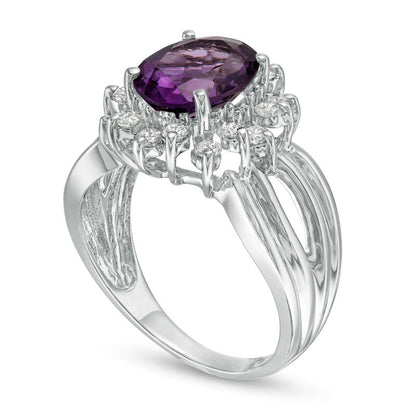 Oval Amethyst and 0.50 CT. T.W. Natural Diamond Starburst Frame Split Shank Ring in Solid 10K White Gold