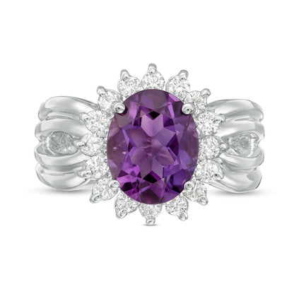 Oval Amethyst and 0.50 CT. T.W. Natural Diamond Starburst Frame Split Shank Ring in Solid 10K White Gold