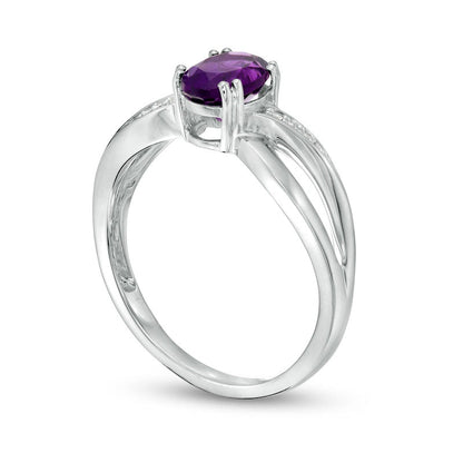 Oval Amethyst and Natural Diamond Accent Split Shank Ring in Solid 10K White Gold