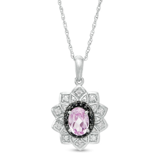 Oval Lab-Created Pink Sapphire and 0.1 CT. T.W. White and Black Diamond Frame Pendant in Sterling Silver