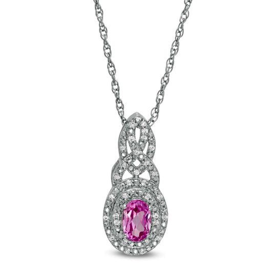 Oval Lab-Created Pink Sapphire and 0.1 CT. T.W. Diamond Double Frame Cascading Pendant in Sterling Silver