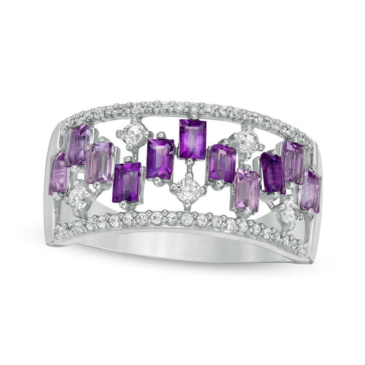 Baguette-Cut Amethyst and White Topaz Zig-Zag and 0.17 CT. T.W. Natural Diamond Open Shank Ring in Solid 10K White Gold