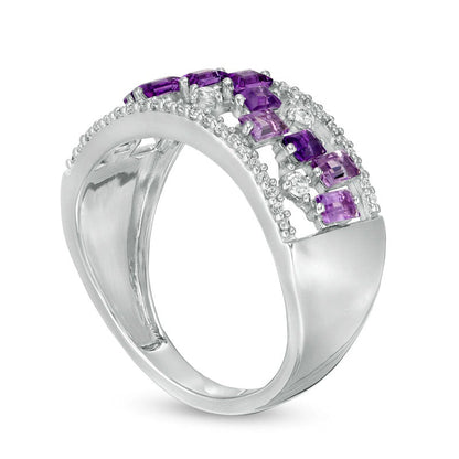 Baguette-Cut Amethyst and White Topaz Zig-Zag and 0.17 CT. T.W. Natural Diamond Open Shank Ring in Solid 10K White Gold