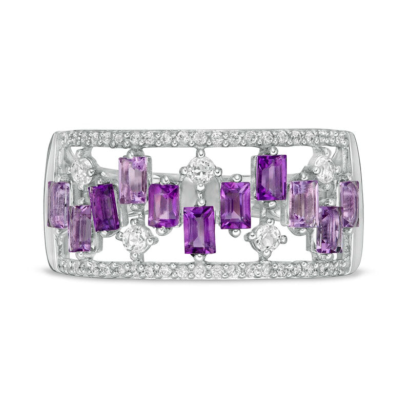 Baguette-Cut Amethyst and White Topaz Zig-Zag and 0.17 CT. T.W. Natural Diamond Open Shank Ring in Solid 10K White Gold