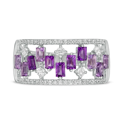 Baguette-Cut Amethyst and White Topaz Zig-Zag and 0.17 CT. T.W. Natural Diamond Open Shank Ring in Solid 10K White Gold